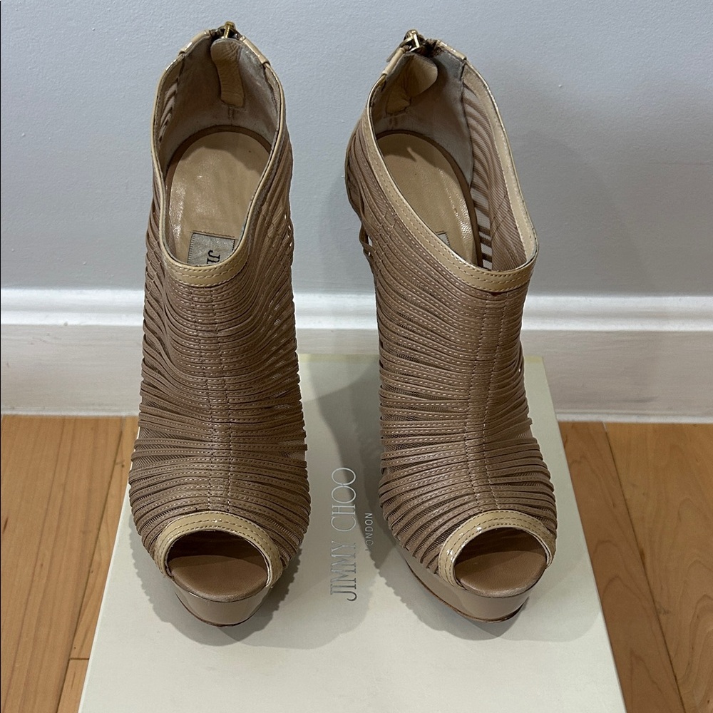 Jimmy Choo Tan Strappy Peep-Toe Heels